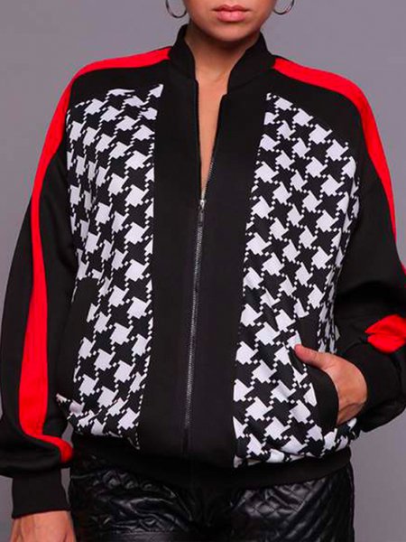 

Urban Stand Collar Houndstooth Color Block Jacket, Black, Jackets