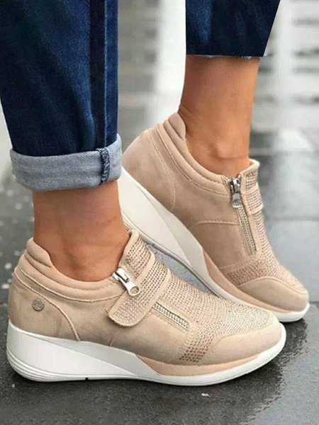 

Rhinestone Casual Wedge Sneakers, Khaki, Shoes