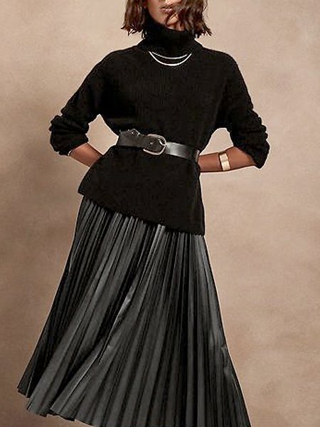 

Long sleeve Plain Loose Turtleneck Sweater, Black, Pullovers