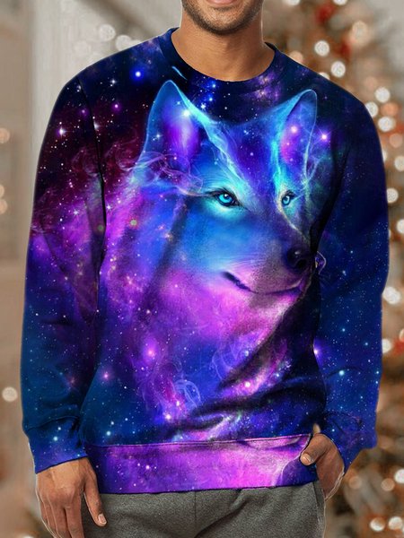 

Mens Colorful Wolf Full Print Crew Neck Casual Sweatshirt, As picture, Hoodies&Sweatshirts