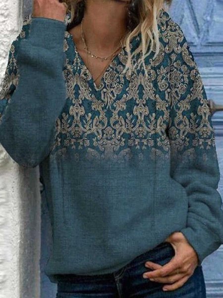 

V Neck Boho Regular Fit Sweatshirt, Blue, Sweatshirts & Hoodies