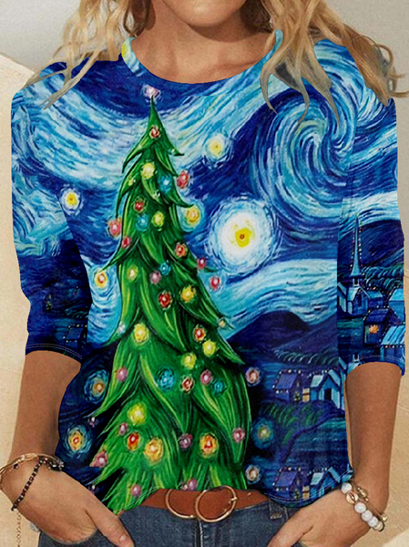 

Women Regular Fit Crew Neck Christmas Tree Long sleeve Tops, Blue, Long sleeves