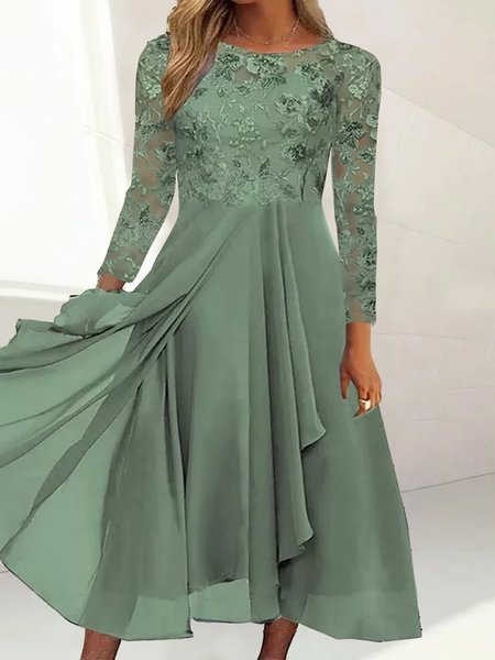 Elegant Regular Fit Lace Party And Wedding Midi Dress, Green, Midi Dresses