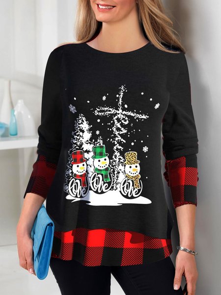 

Women's Long Sleeve Faux Two Piece Tunic Tops Christmas Snowman Printed, Black, Tops