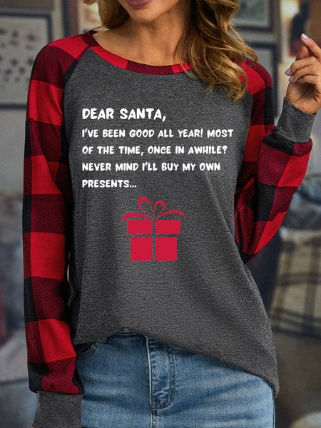

Lilicloth X Kat8lyst Dear Santa I've Been Good All Year Most Of The Time Once In A While Never Mind I'll Buy My Own Present Women's Christmas Long Sleeve Buffalo Plaid T-Shirt, Gray, Long sleeves