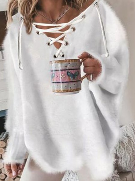 

V Neck Mohair Casual Sweater, White, Sweaters