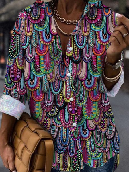 

Shirt Collar Ethnic Boho Blouse, Multicolor, Shirts & Blouses