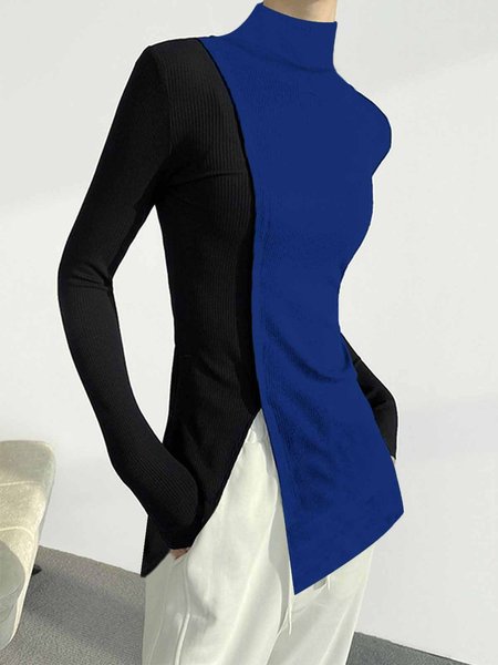 

Long sleeve Turtleneck Regular Fit Color Block T-Shirt, Blue, Tees