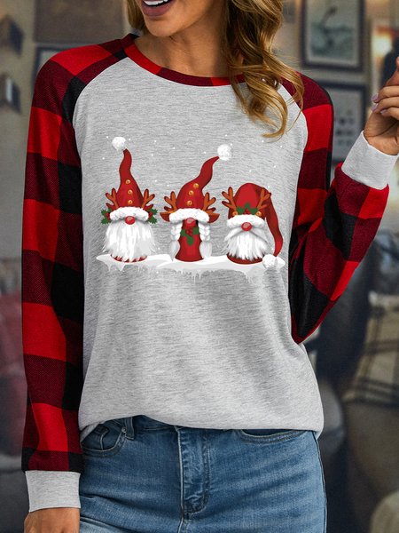 

Women Three Nordic Gnomes Winter Christmas Cotton-Blend Plaid Crew Neck Long sleeve Top, White, Long sleeves