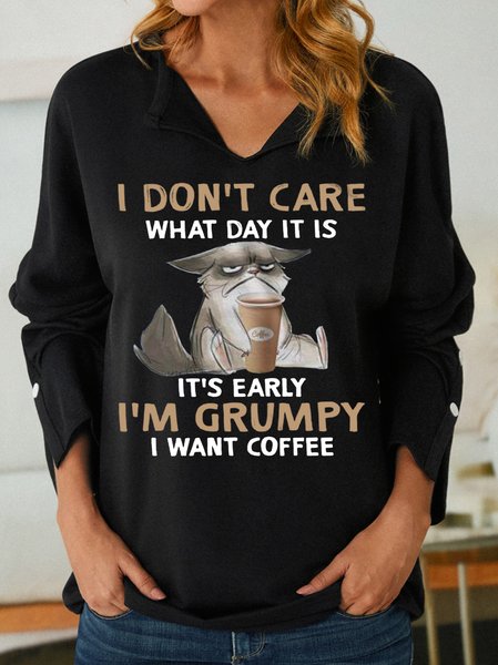 

I Don't Care What Day It Is It's Early I'm Grumpy I Want Coffee With Angry Cat Women's Shawl Collar Sweatshirt, Black, Hoodies&Sweatshirts