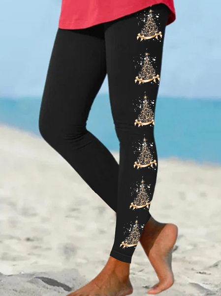 

Women Simple Christmas Tree Leggings, Black, Leggings