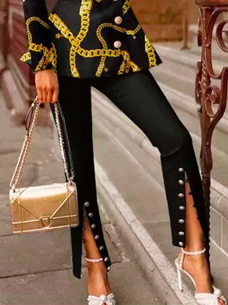 

Plain Fashion Buttoned Split Pants, Black, Pants