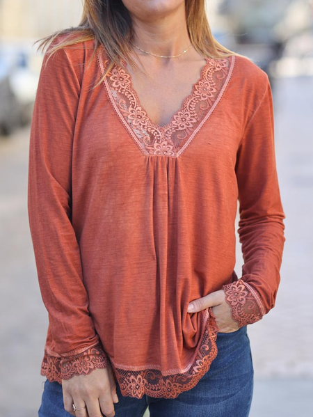 

Loose Casual V Neck T-Shirt, Orange red, Tunics