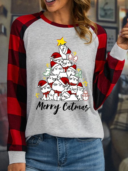 

Women Funny Cat Christmas Plaid Crew Neck Simple Top, White, Long sleeves