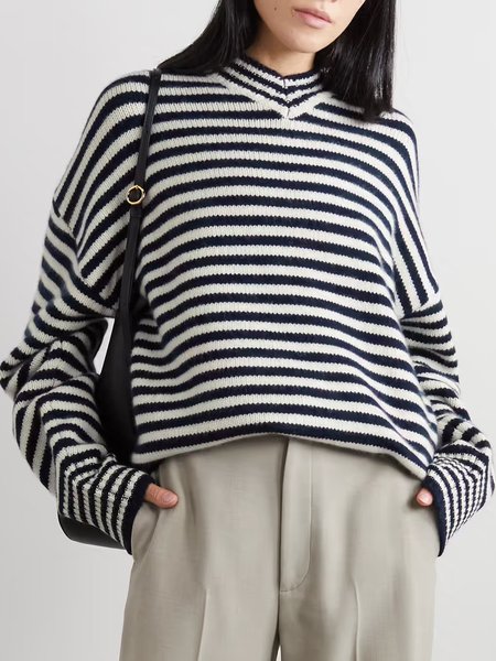 

Striped Acrylic Casual Sweater, Black-white, Pullovers