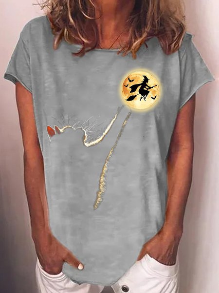 

Womens Halloween Cat Witch Moon Casual T-Shirt, Gray, T-shirts