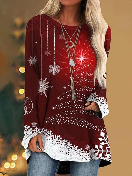 

Snowflake Crew Neck Loose Casual Christmas T-Shirt, Red, Tunics