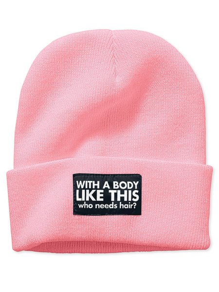 

Bald Guy With a Body Like This Who Needs Hair Funny Letters Beanie Hat, Pink, Hats