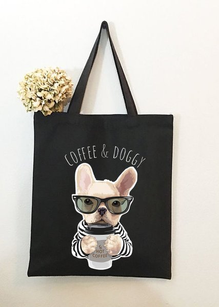 

I Love Coffee & Doggy Animal Graphic Shopping Tote, Black, Bags