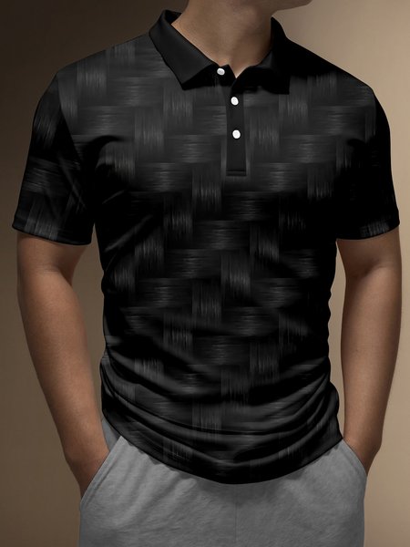 

3D Gradient Color Block Buttons Short Sleeve Polo, Black, Polo Shirts