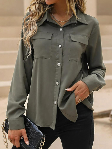 

Casual Solid Flap Pocket Drop Button Front Shirt, Army green, Blouses & Shirts