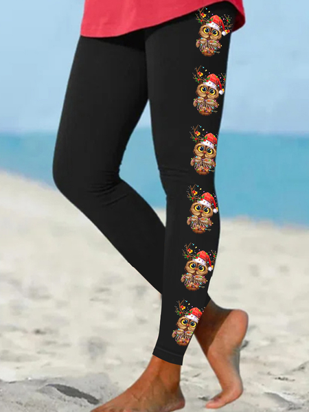

Women Christmas Owl Simple Leggings, Black, Leggings