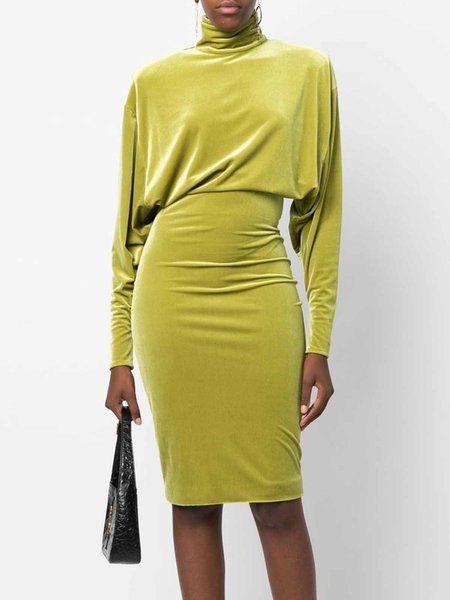 

Daily Long sleeve Velvet Turtleneck Elegant Dress, Yellow, Mini Dresses