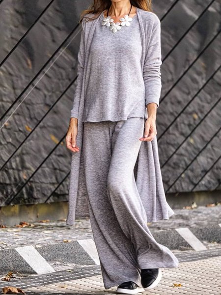 

Crew Neck Casual cardigan three piece set, Gray, Suit Set
