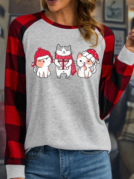

Lilicloth X Jessanjony Three Christmas Cat Women's Christmas Long Sleeve Buffalo Plaid T-Shirt, White, Long sleeves