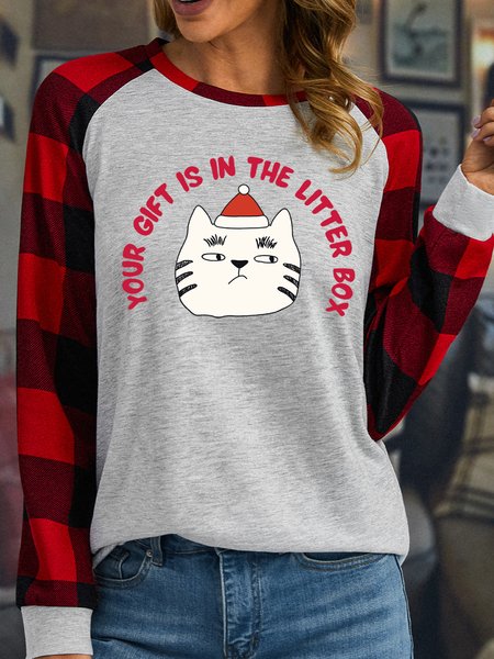 

Lilicloth X Kat8lyst Your Gift Is In The Litter Box Women's Christmas Long Sleeve Buffalo Plaid T-Shirt, White, Long sleeves