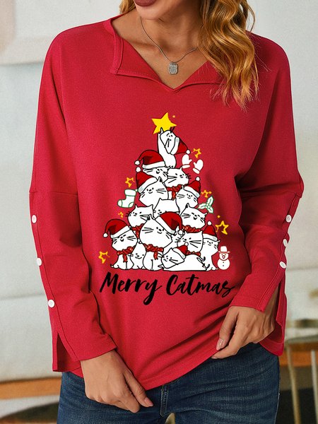 

Women Funny Cat V Neck Loose Christmas Tree Sweatshirt, Red, Hoodies&Sweatshirts