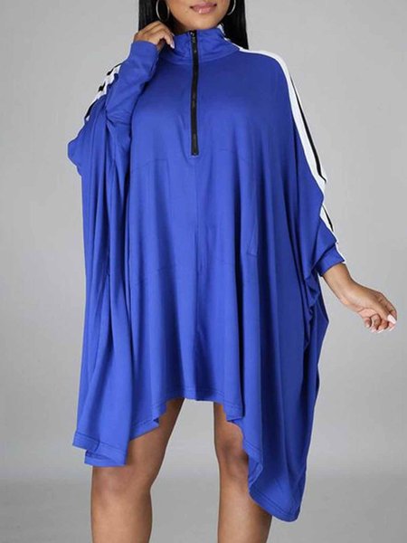 

Long sleeve Shawl Collar Color Block Loose Dress, Blue, Mini Dresses
