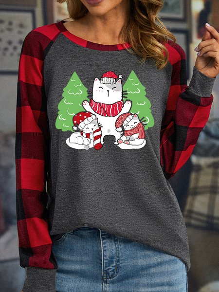 

Lilicloth X Jessanjony Three Christmas Cat Women's Christmas Long Sleeve Buffalo Plaid T-Shirt, Gray, Long sleeves