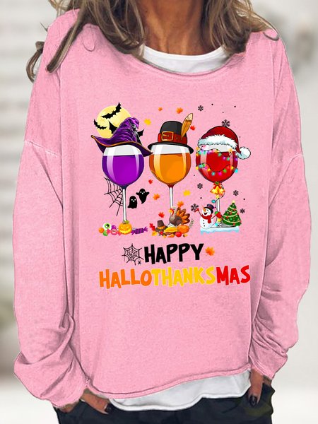 

Women's Happy Hallo Thanks Mas Funny Three Red Wine Glasses Christmas Graphic Print Casual Loose Sweatshirt, Pink, Hoodies&Sweatshirts