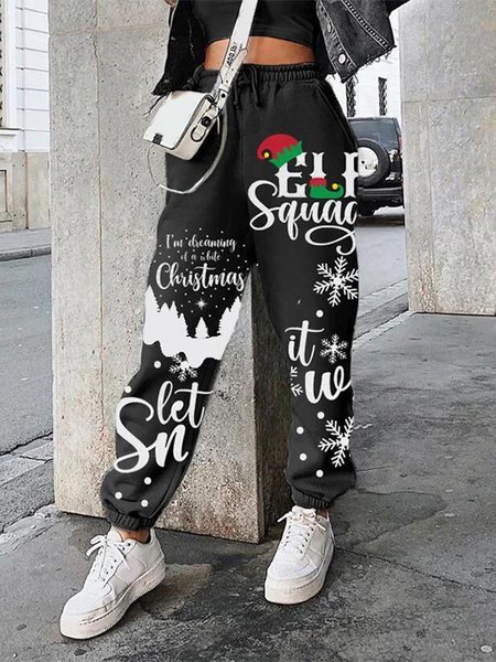 

Christmas Loose Drawstring Casual Pants, Black, Pants