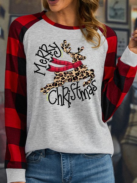 

Women's Leopard Grain Elk Buffalo Plaid Graphic Print Merry Christmas Loose Crew Neck Long Sleeve Top, White, Long sleeves