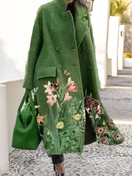 

Lapel Solid Double-breasted Loose Floral Woolen Long Coat, Green, Outerwear