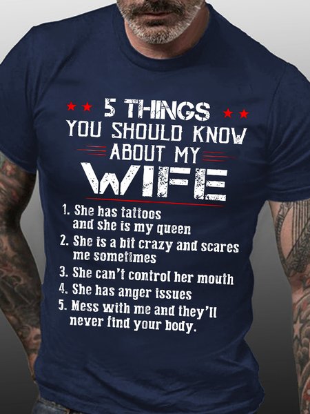 

Men's 5things You Should Know A About My Wifeinfluence Funny Graphic Print Cotton Regular Fit Text Letters T-Shirt, Purplish blue, T-shirts