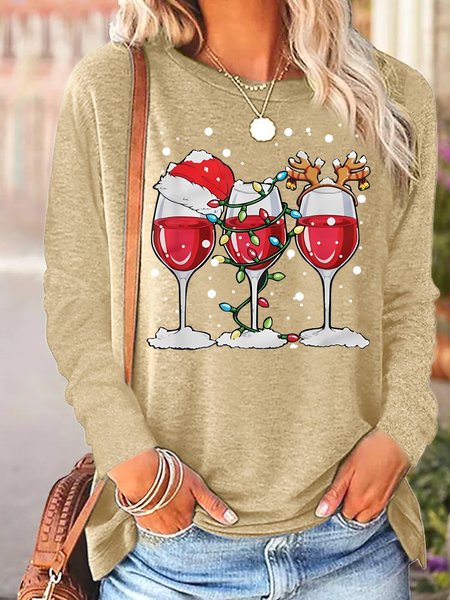 

Women's Three Red Wine Graphic Print Merry Christmas Crew Neck Casual Regular Fit Top, Khaki, Long sleeves
