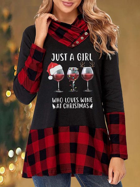 

Christmas Cross Neck Buttoned Casual Top, Black, Tunics