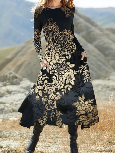 

Crew Neck Ethnic Dress, Black, Dresses