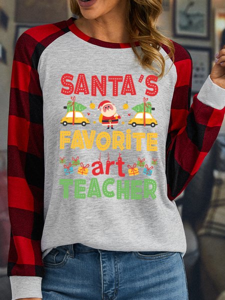 

Lilicloth X Jessanjony Santa's Favorite Art Teacher Women's Christmas Long Sleeve Buffalo Plaid T-Shirt, White, Long sleeves