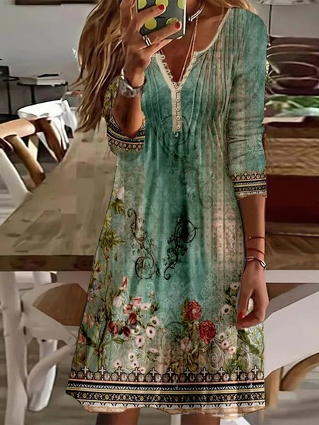 

Regular Fit V Neck Ethnic Dress, Green, Dresses