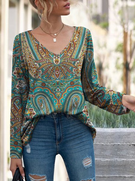 

Turquoise & Yellow Paisley Long-Sleeve V-Neck Tunic, Multicolor, T-Shirts