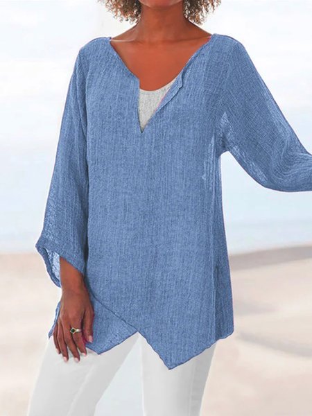 

Women's Shirt Blouse Linen Plain Casual Asymmetric Long Sleeve Daily Basic V Neck Regular Fit Fall & Winter, Blue, Tunics