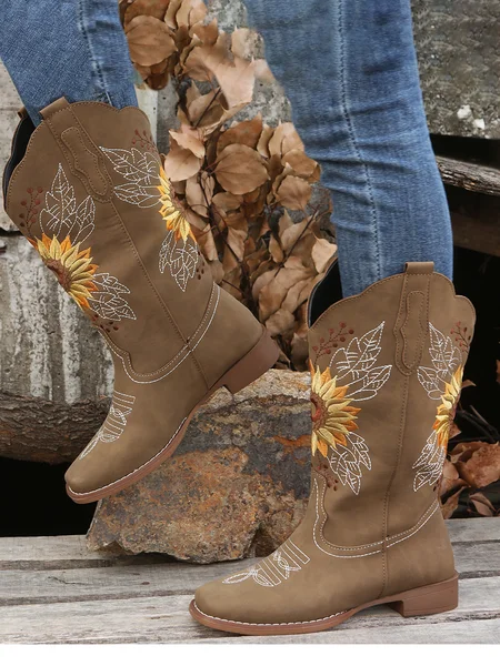 

Plus Size Sunflower Embroidery Western Cowboy Boots, Khaki, Boots