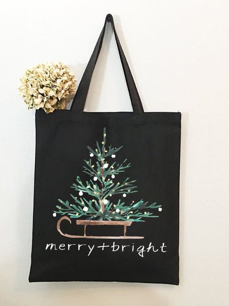 Merry Bright Christmas Tree Graphic Shopping Tote, Black, Bags