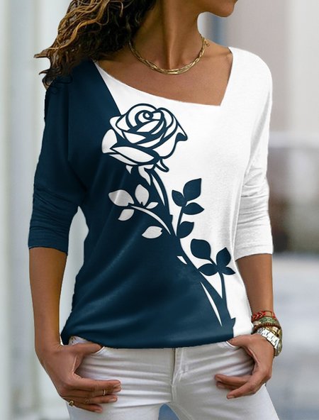 

Contrast Floral Loose Long Sleeve T-Shirt, Dark blue, Shirts & Blouses