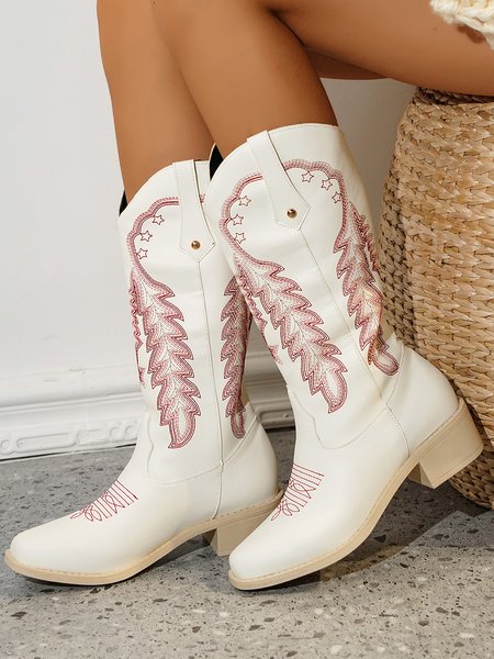 

Plus Size West Style Embroidery Cowboy Boots, White, Boots