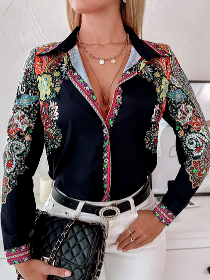 

Loose Ethnic Shirt Collar Blouse, Black, Shirts & Blouses